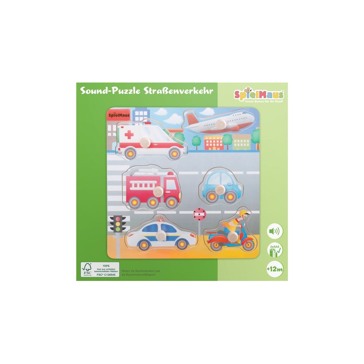 Holz-Soundpuzzle für Kinder mit Fahrzeugen wie Flugzeugen, Krankenwagen, Auto, Bus und Motorrad.