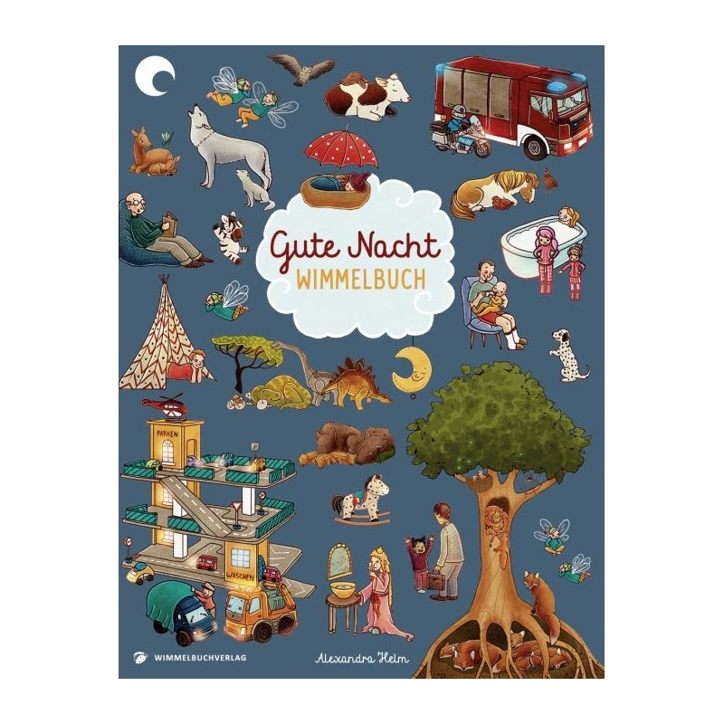 Buchcover mit „Gute Nacht Wimmelbuch“ und bunten Zeichnungen von Tieren, Menschen, Fahrzeugen und einem Baum.