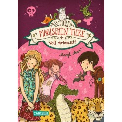 img_0:Drei Kinder und magische Tiere lächeln auf dem bunten Cover von Die Schule der Magischen Tiere.