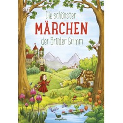 img_0:Märchen der Brüder Grimm: Ein Buchcover mit Mädchen in Rot, Dorf, Häuschen, Bäumen und Blumen.