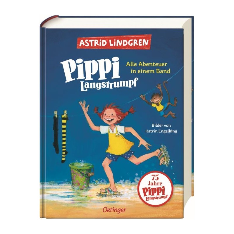 Buchcover von Pippi Langstrumpf: Pippi läuft Schlittschuh, daneben ihr Affe und Socken hängen an einer Leine.