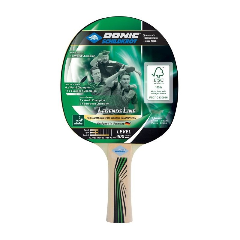 Donic Schildkröt Tischtennisschläger mit Spielerabbildungen und Produktinfos auf dem Schlägerblatt.