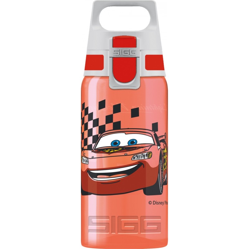 Rote Trinkflasche mit Cars-Charakter Lightning McQueen und schwarz kariertem Flaggen-Design.