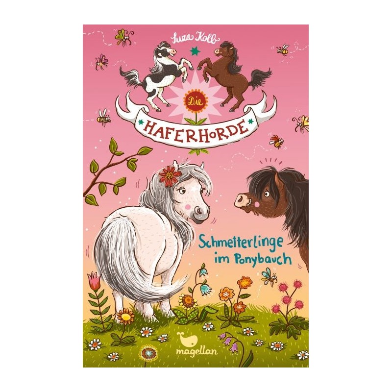 Buntes Buchcover mit Ponys, Blumen, Schmetterlingen und dem Titel „Schmetterlinge im Ponybauch“.