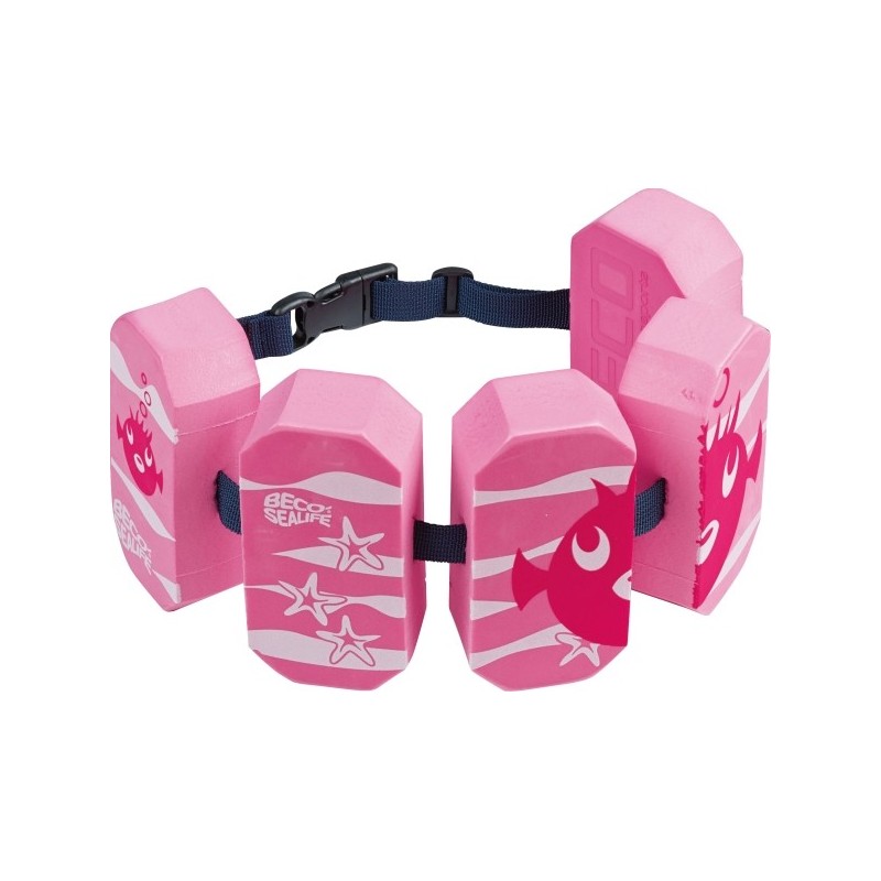 Rosa Schwimmgürtel mit Fisch- und Sternmotiven, verbunden durch schwarzen, verstellbaren Gurt mit Schnalle. Rosa Schwimmgürtel mit Fisch- und Sternmotiven, verbunden durch schwarzen, verstellbaren Gurt mit Schnalle.
