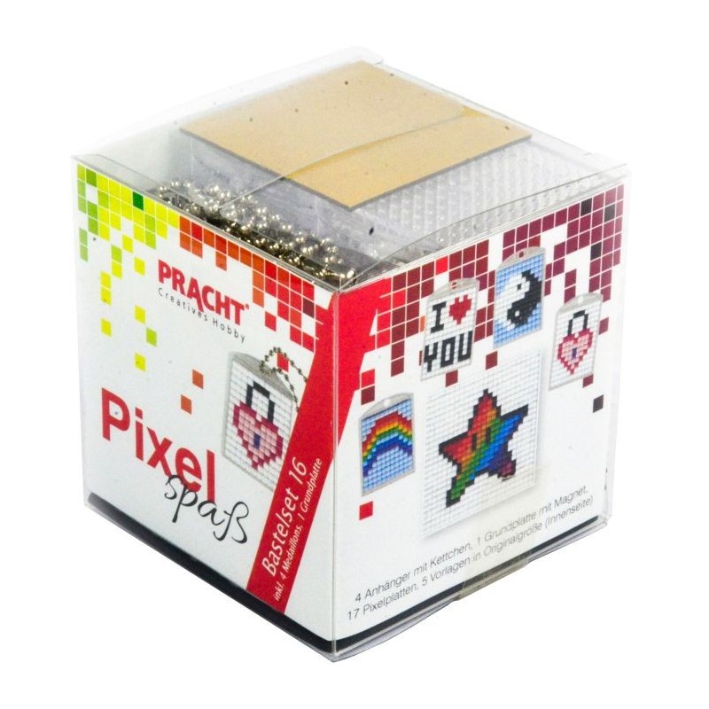 Würfelförmiges Bastelset "Pixel Spaß" mit Pixel-Art-Designs auf der Vorderseite.