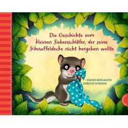 img_0:Kinderbuchcover: Eine kleine Schlafmaus hält eine blaue Decke und ist von grünen Blättern umgeben.