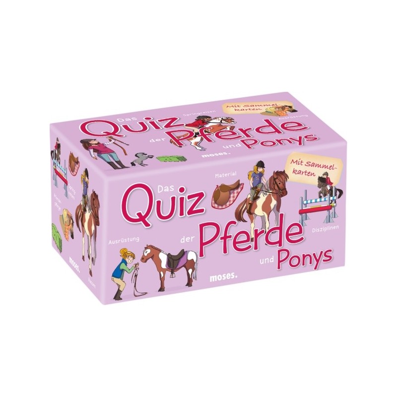 Eine rosa Quizbox mit Pferde- und Ponyillustrationen und dem deutschen Titel „Das Quiz der Pferde und Ponys“.