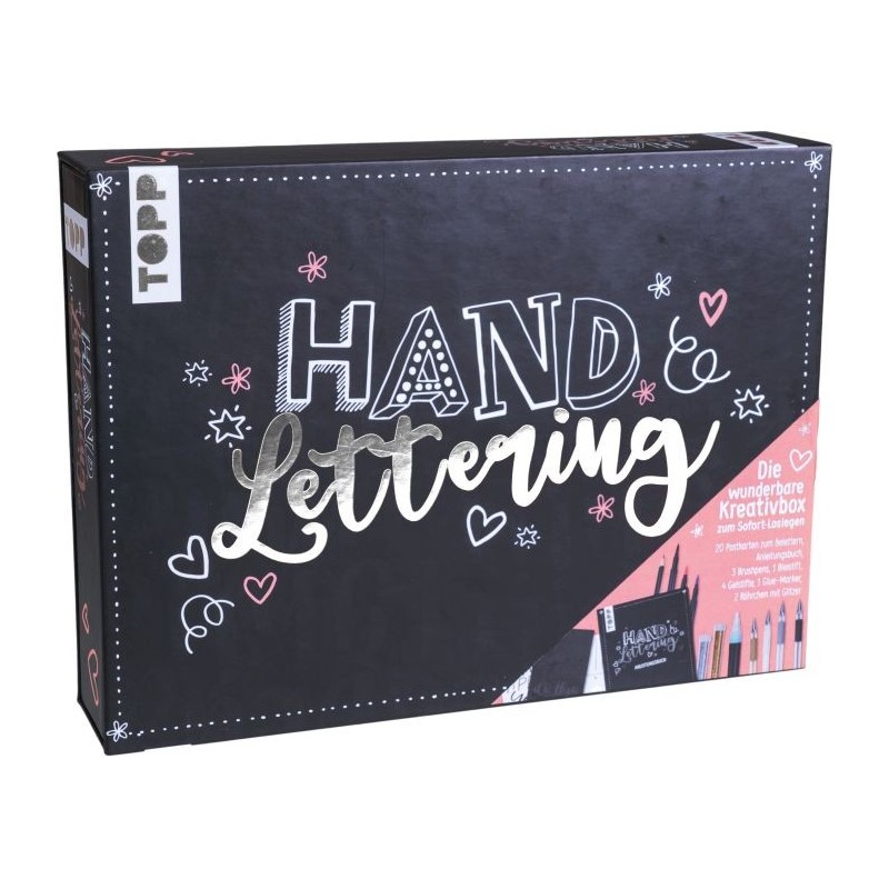Schwarze Box mit Aufschrift "Hand Lettering", verziert mit Zeichenutensilien und dekorativen Kritzeleien.
