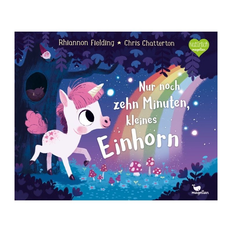Ein pinkes Einhorn spaziert im Zauberwald mit Regenbogen und Sternen, deutscher Text auf dem Cover.