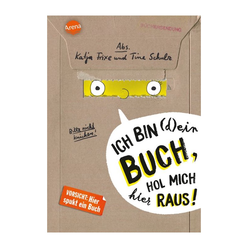Ein Comic-Gesicht schaut aus einem Umschlag; Darauf steht: Ich bin dein Buch, hol mich hier raus!.