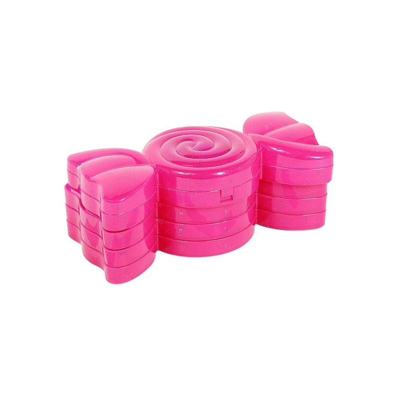 Rosa, plastikernes Bonbon-Behälter mit Spiraldesign und Glitzereffekten.
