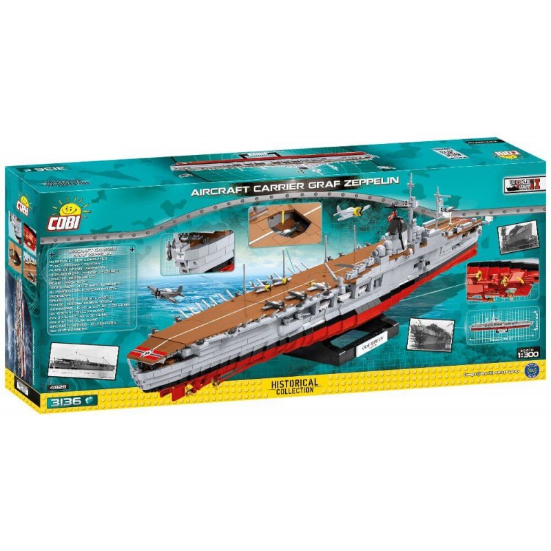 Cobi-Bauset „Flugzeugträger Graf Zeppelin“: Verpackung zeigt das Schiffsmodell und dessen Funktionen.