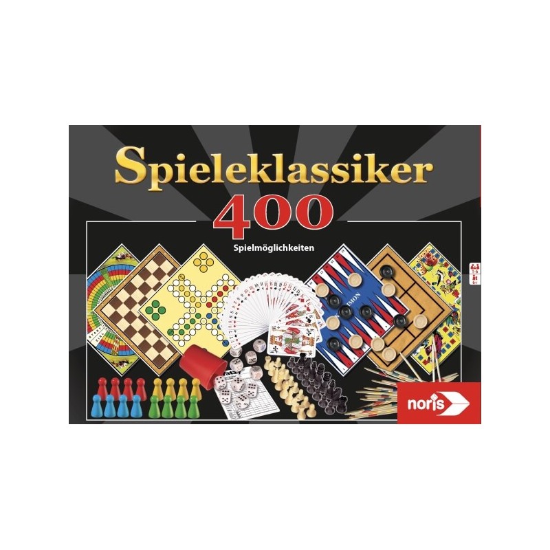 Boxcover von Spieleklassiker 400 mit Abbildungen klassischer Spielfiguren und Spielbretter.