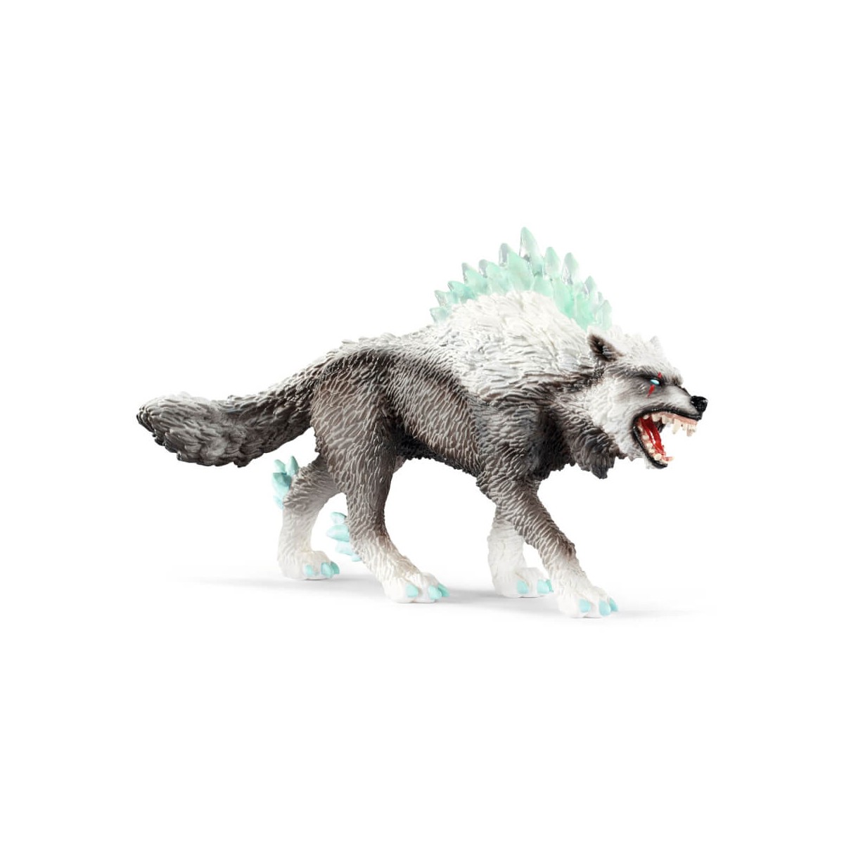 Wolf-Figur mit grauem Fell, eisblauen Rückenspitzen und leuchtend roten Augen fletscht die Zähne.