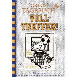 img_0:Buchcover von "Gregs Tagebuch 16: Volltreffer!" mit einem Cartoon-Jungen, der einen Fußball und einen Stock hält.