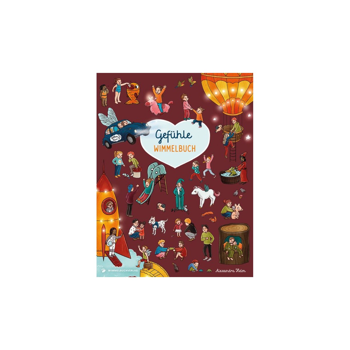 Cover eines illustrierten Kinderbuchs: Verspielte Figuren, Heißluftballon, deutscher Titel „Gefühle Wimmelbuch“.