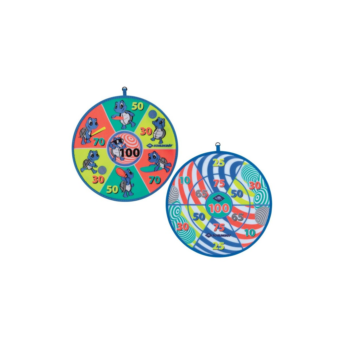 Zwei bunte Klett-Dartboards mit Zahlen und Tiermotiven auf weißem Hintergrund.