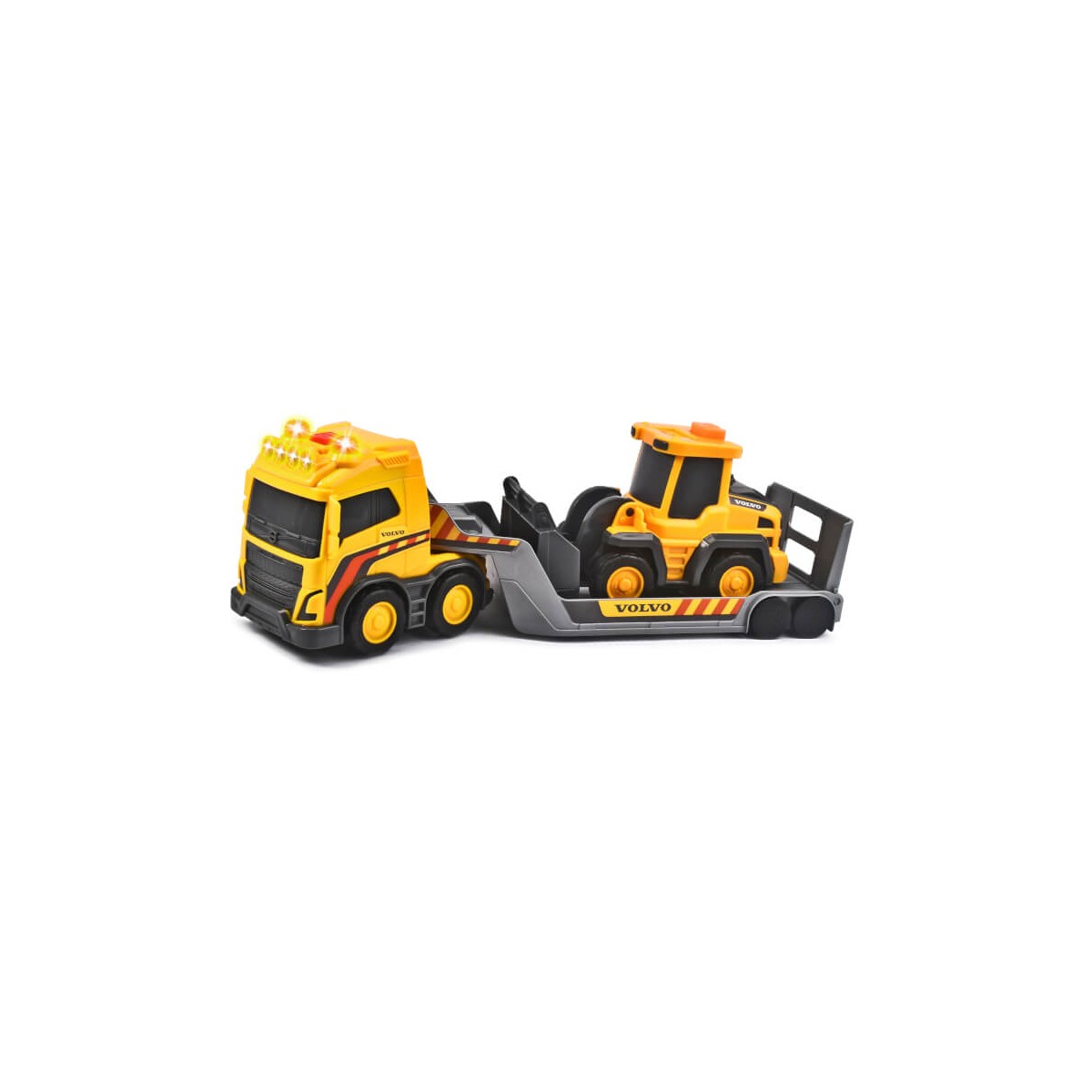 Gelber Spielzeug-Lkw mit Anhänger transportiert gelben Spielzeug-Bulldozer, beide mit schwarzen und orangen Akzenten.