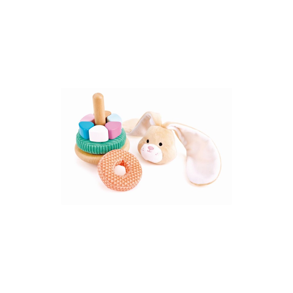 Plüschhasenkopf mit Schlappohren, weiches Stapelring-Spielzeug und texturiertes Soft-Donut-Spielzeug.