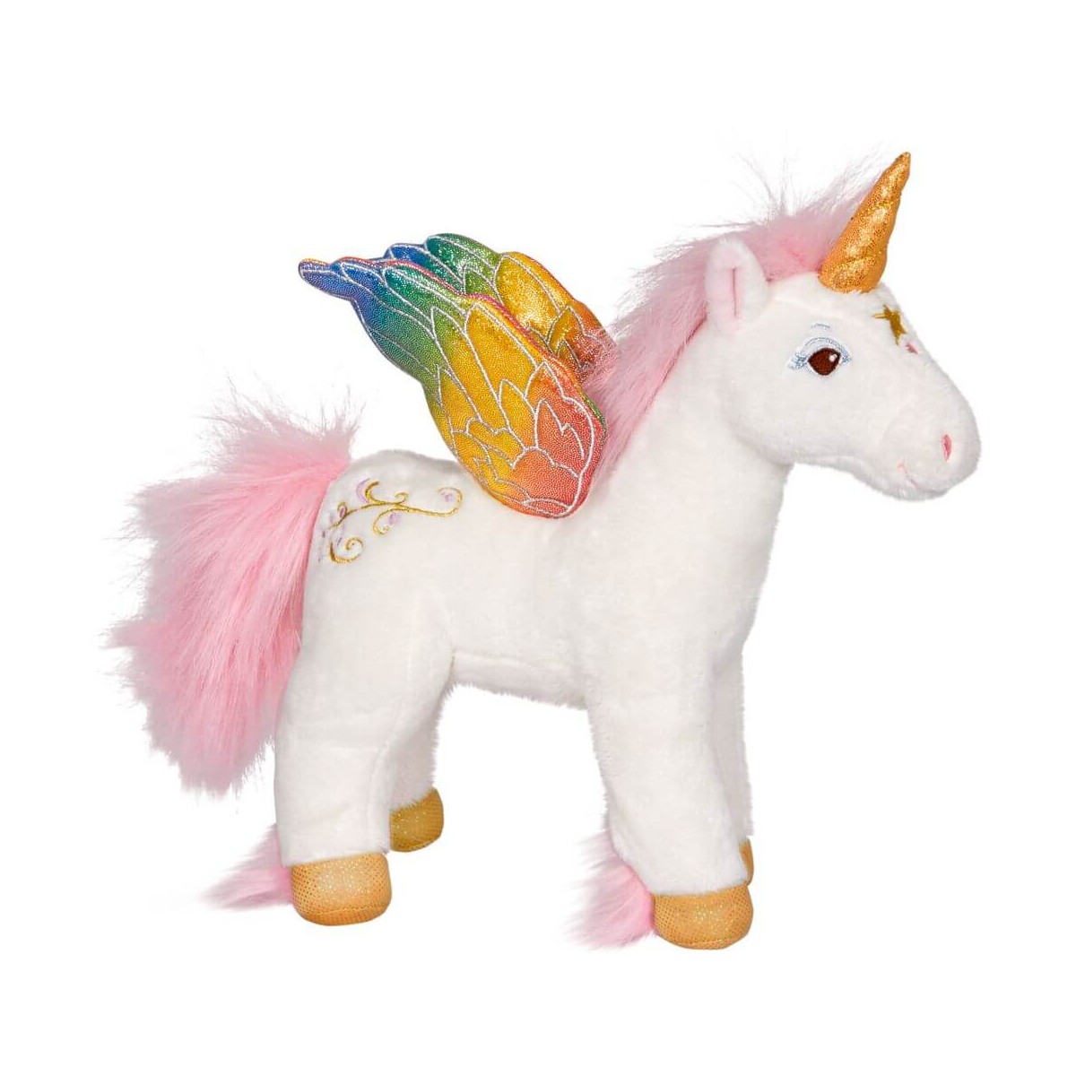 Plüsch-Einhorn mit rosa Mähne, goldenem Horn und Regenbogenflügeln steht auf allen vier Beinen.