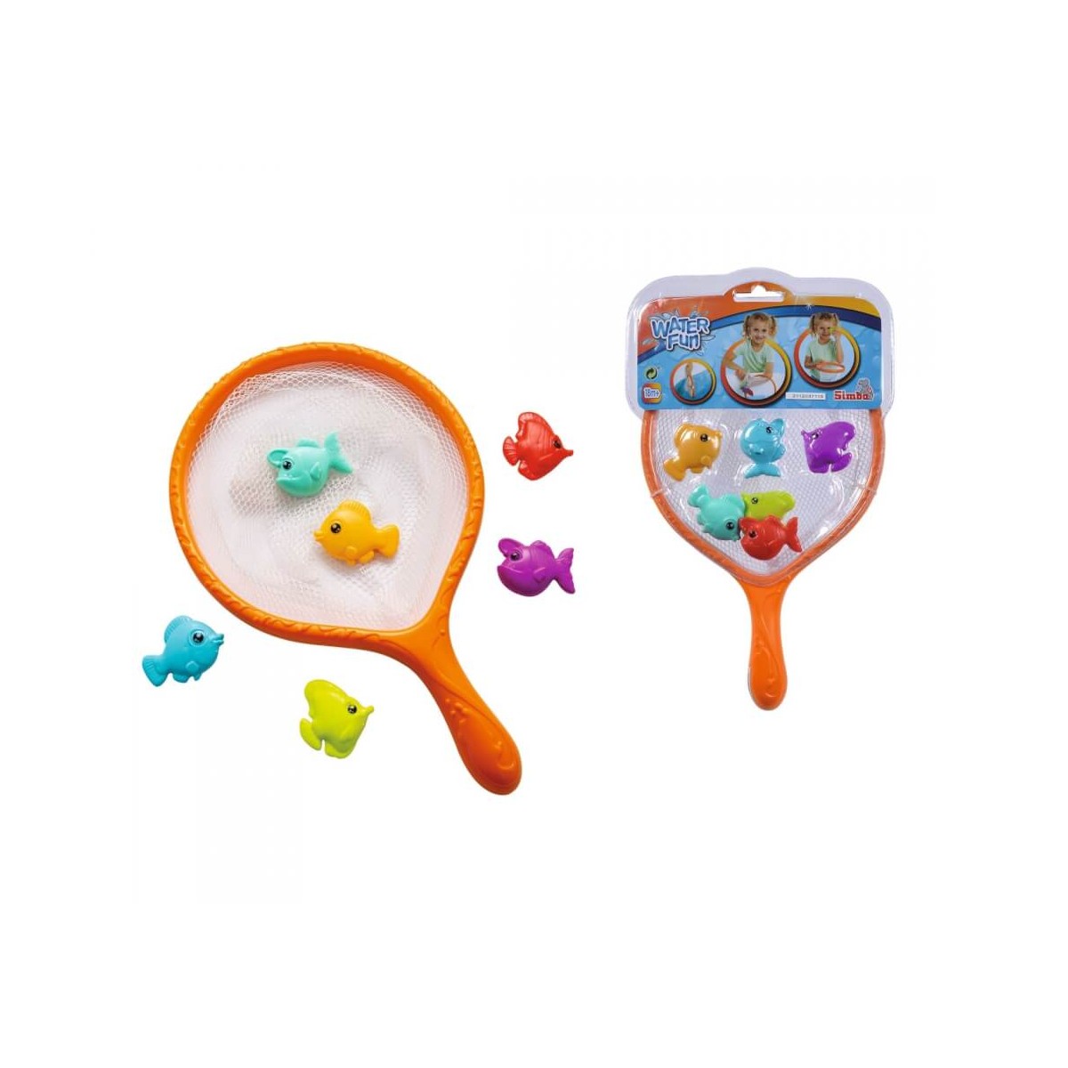 Orangefarbenes Spielnetz mit fünf bunten Plastikfischen, lose und verpackt für Wasserspiele von Kindern.
