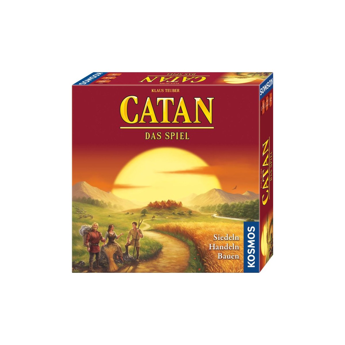 Catan-Spielbox mit Siedlern auf einem Pfad vor Sonnenaufgang und Dorf im Hintergrund.
