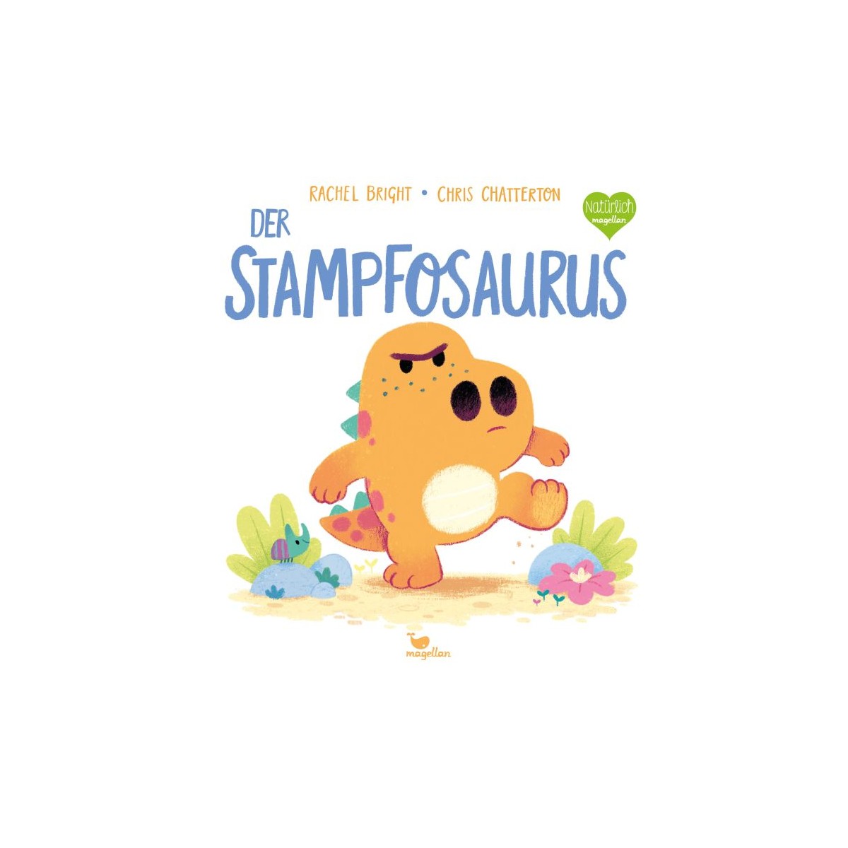 Illustration eines orangefarbenen Dinosauriers, der stampft, auf dem Cover des Buches Der Stampfosaurus.