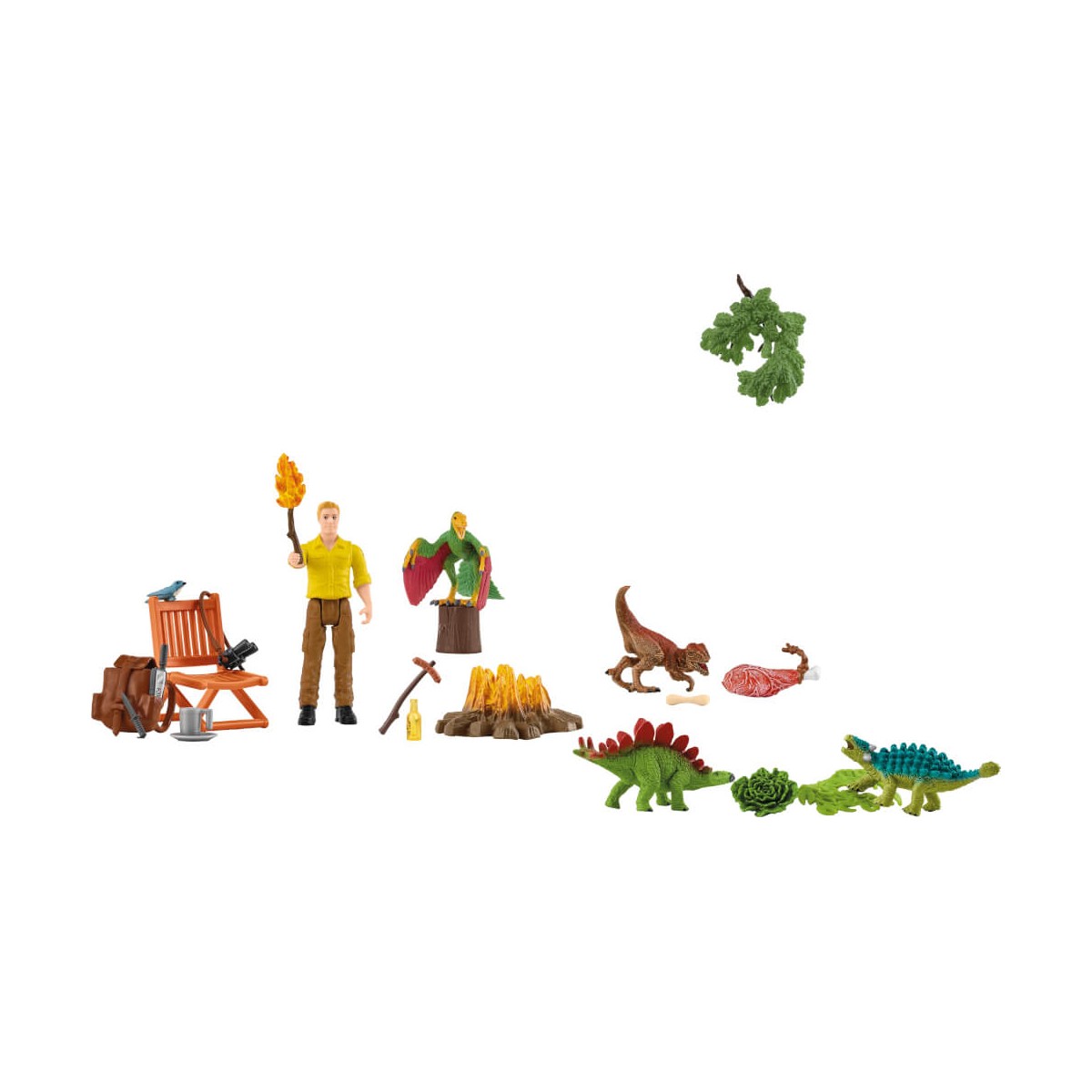 Spielfiguren-Set mit Mensch, Dinosauriern, Lagerfeuer, Stuhl und Campingzubehör auf weißem Hintergrund.