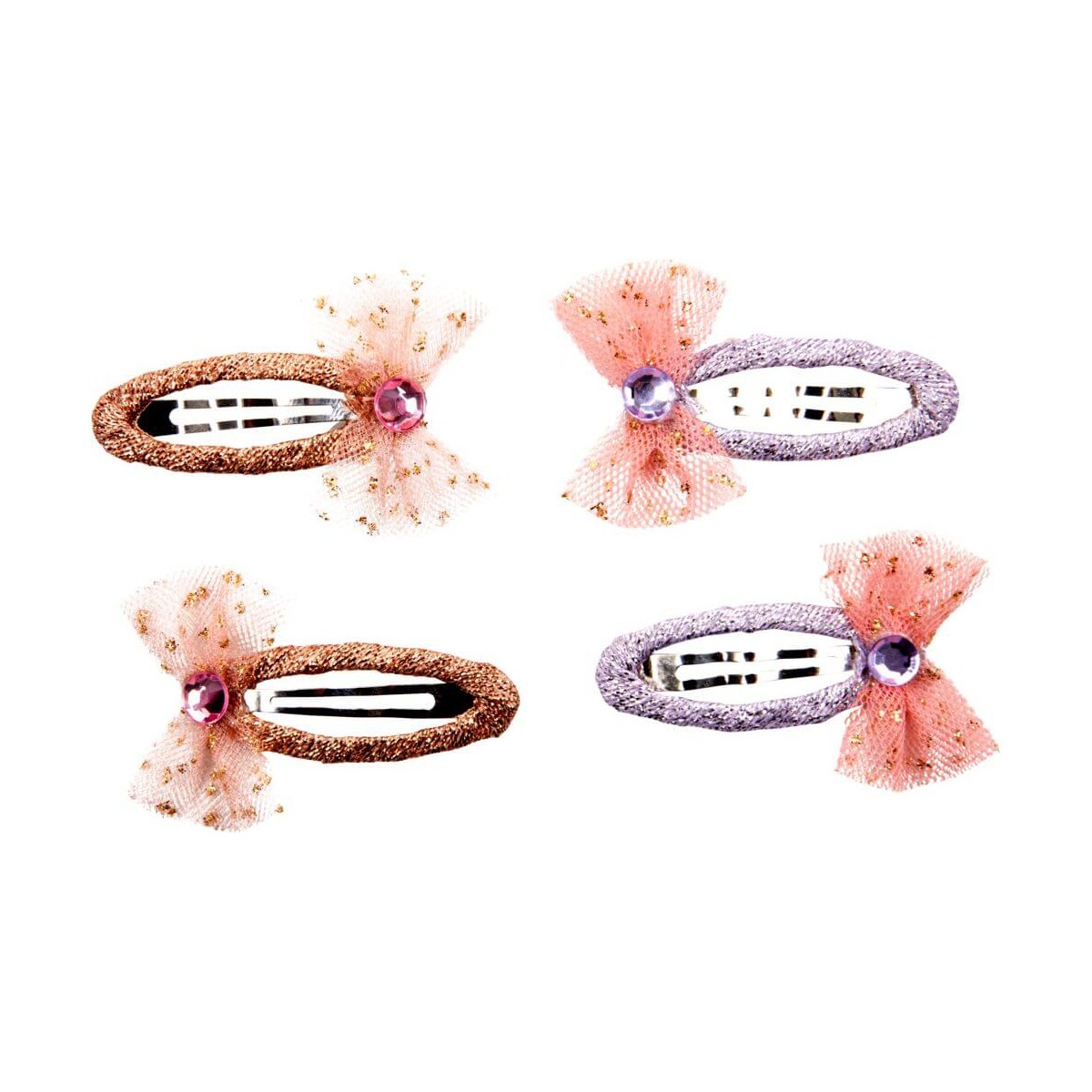 Vier verzierte Haarspangen mit Schleifen und Schmucksteinen in Pink, Lila und Gold auf weißem Hintergrund.
