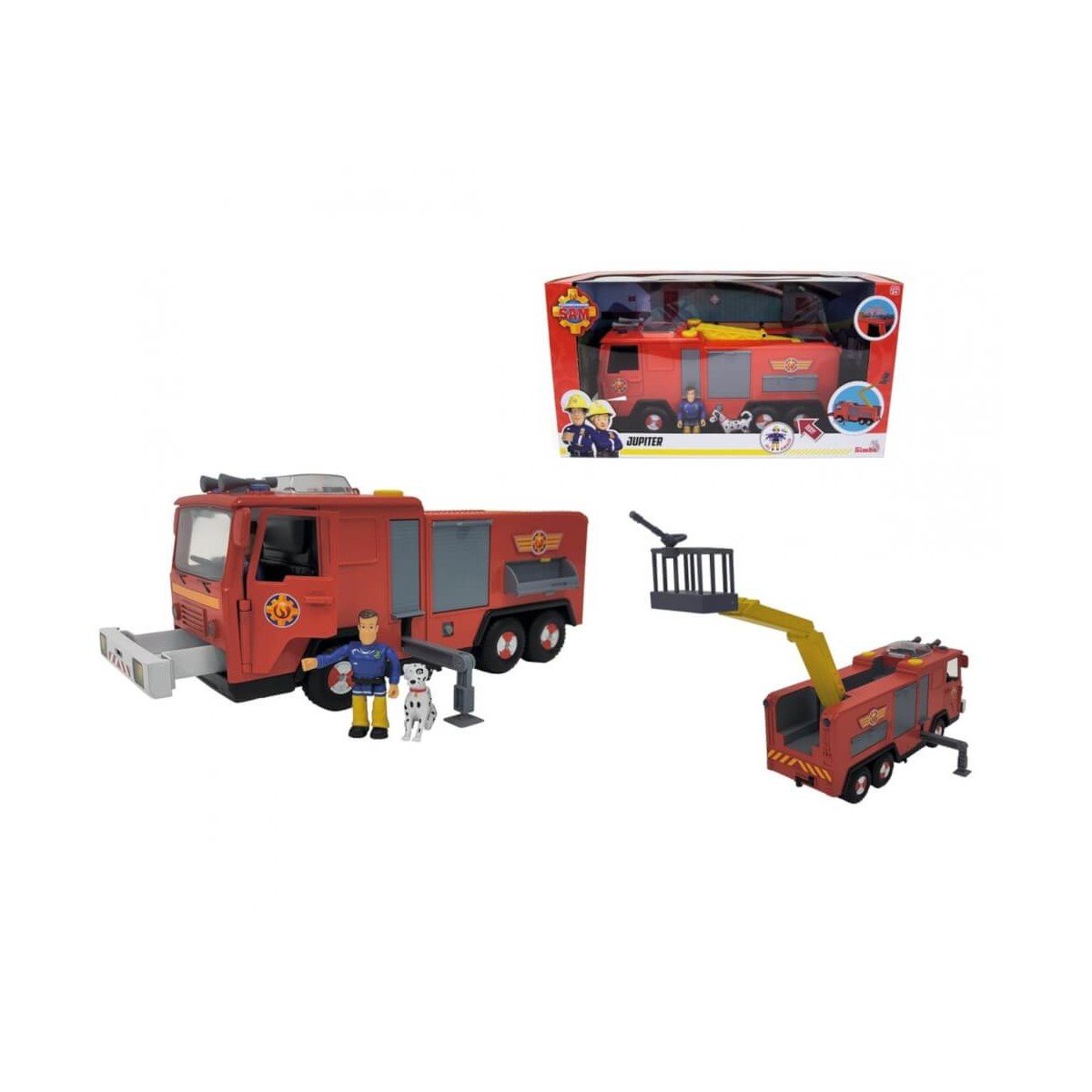 Rotes Spielzeug-Feuerwehrauto mit Feuerwehrfigur, Hund und ausziehbarem Leiter; Verpackung oben abgebildet.