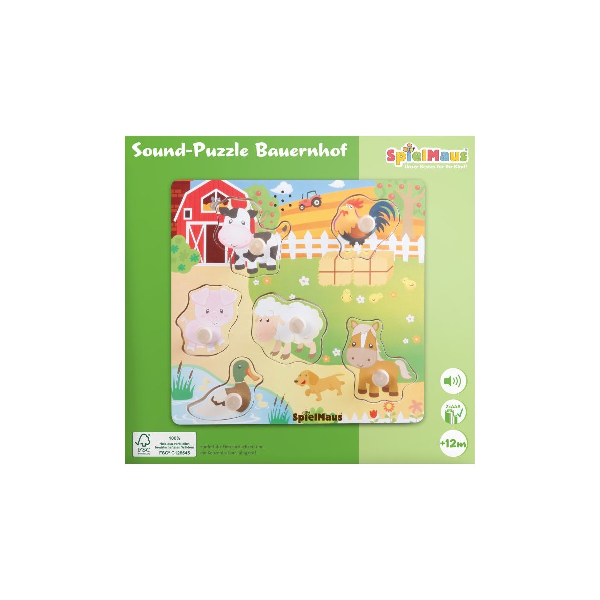 Holzpuzzle mit Kuh, Schwein, Schaf, Pferd, Hund, Ente und Hahn vor buntem Bauernhof-Hintergrund.