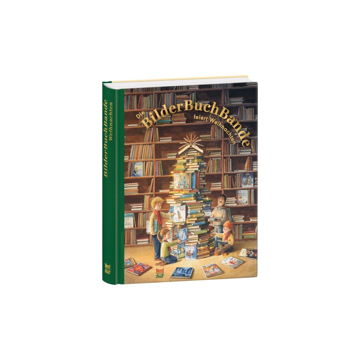Kinder lesen in einer Bibliothek um einen Bücherstapel, der wie ein Weihnachtsbaum geformt ist.