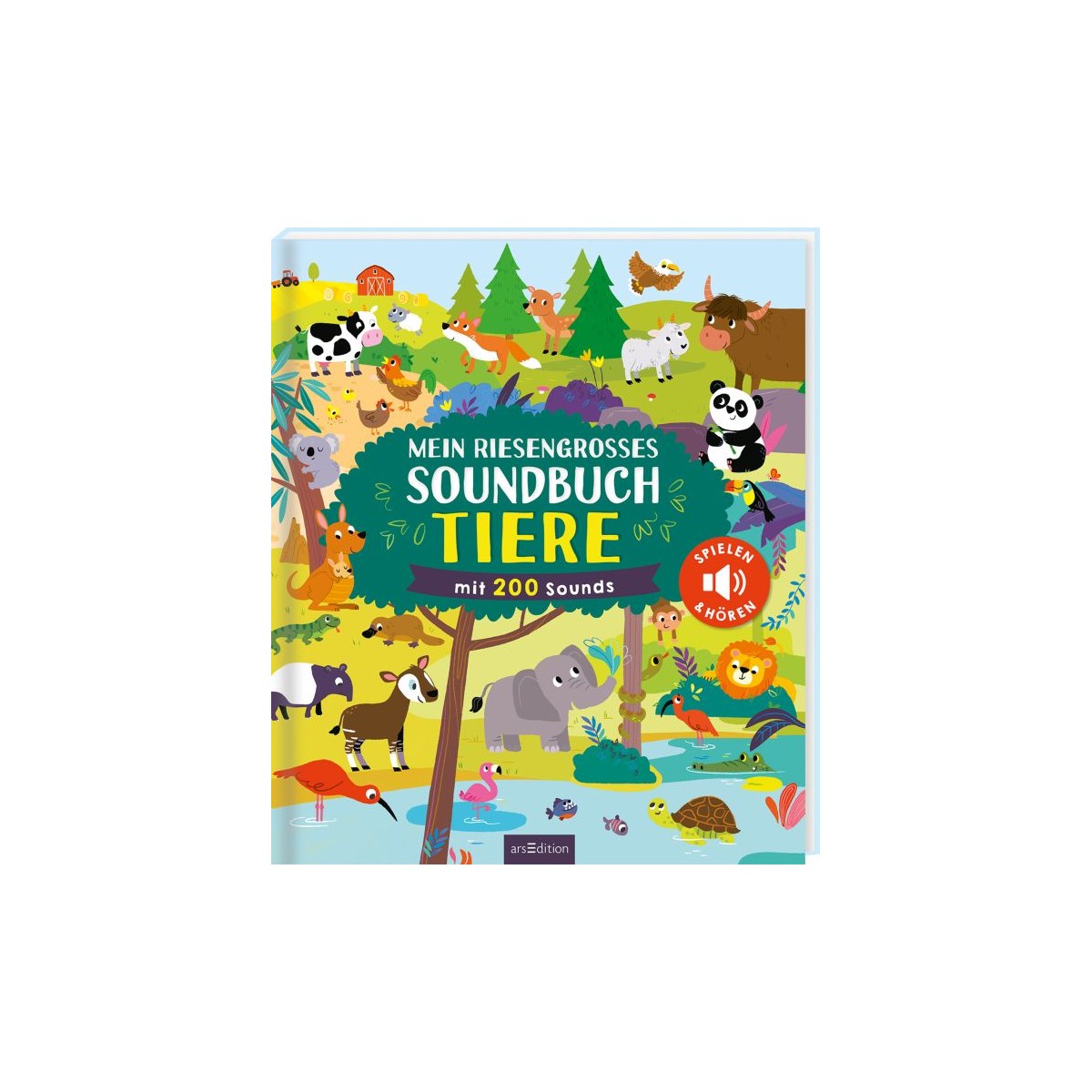 Bunt illustriertes Soundbuch mit Tieren und Bäumen, Titel: „Mein riesengroßes Soundbuch Tiere“.