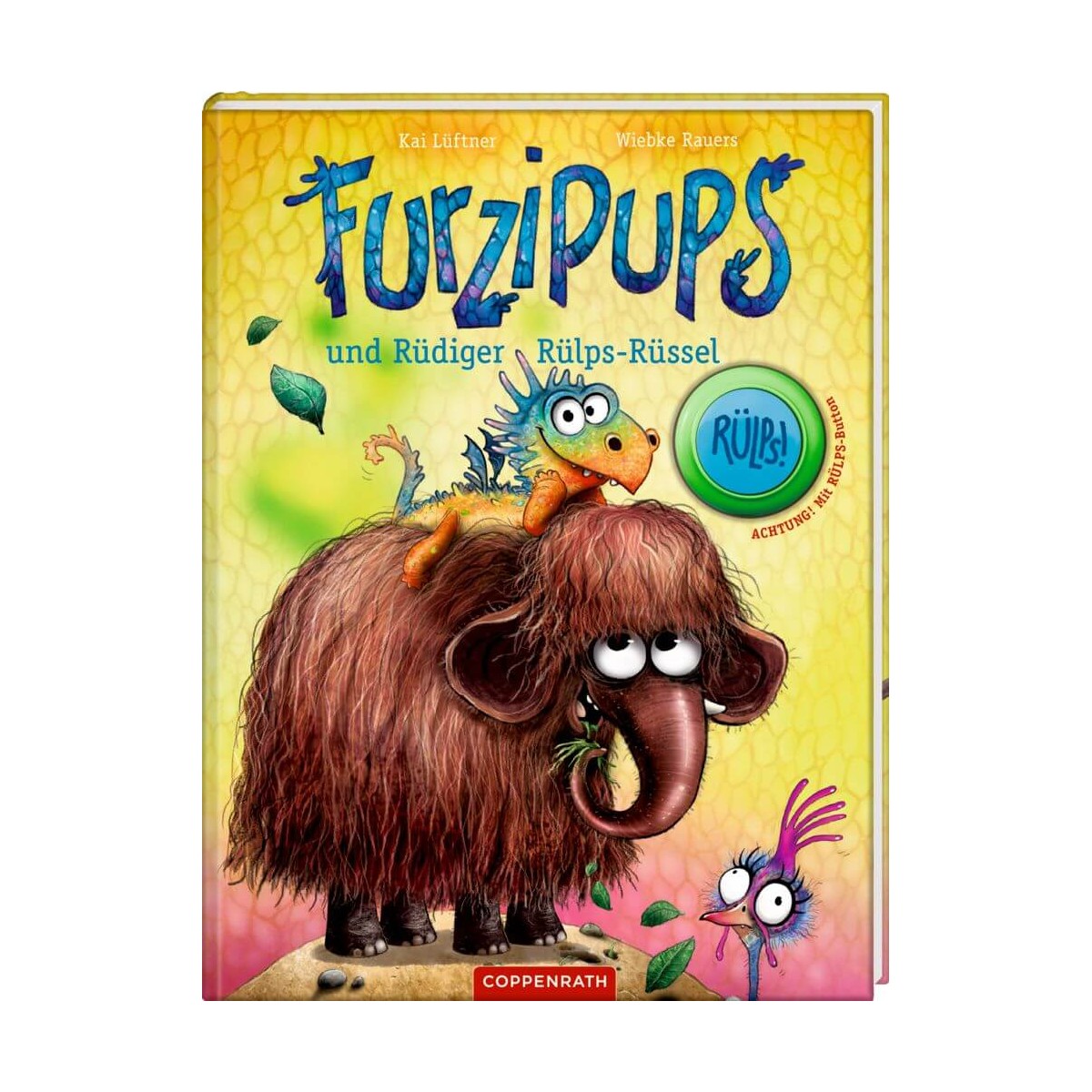 Bunter Buchumschlag mit flauschigem Wesen, kleinem Drachen und besorgtem Vogel; Titel: Furzipups.