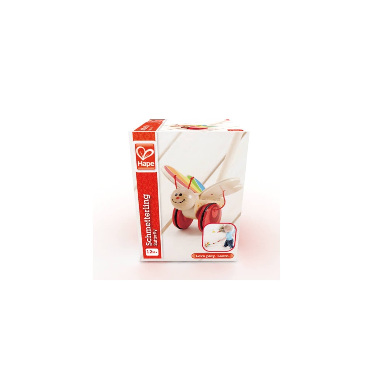 Hape Holz-Ziehtier in Einhornform mit Regenbogenmähne, rotem Rädern und freundlichem Gesicht in Originalverpackung.