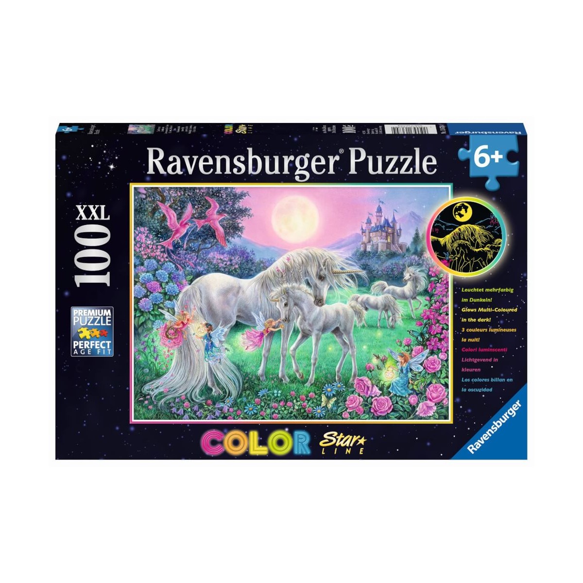 Ravensburger Puzzle   Dreifarbiges Leuchtpuzzle   Einhörner im Mondschein, 100 Teile