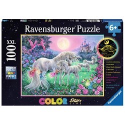 Ravensburger Puzzle   Dreifarbiges Leuchtpuzzle   Einhörner im Mondschein, 100 Teile