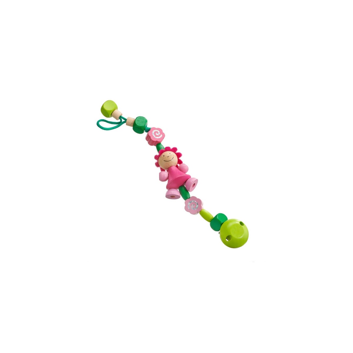 Bunter Schnullerclip mit grünen, pinken und Blumenperlen sowie einer lächelnden pinken Figur in der Mitte.