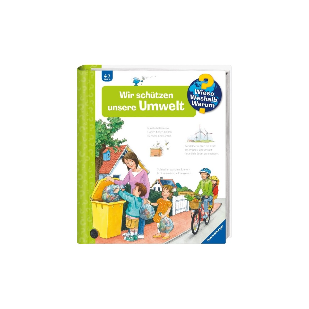 Kinder und Erwachsene sortieren Müll und fahren Rad auf dem Cover eines deutschen Umweltbildungsbuchs für 4- bis 7-Jährige.