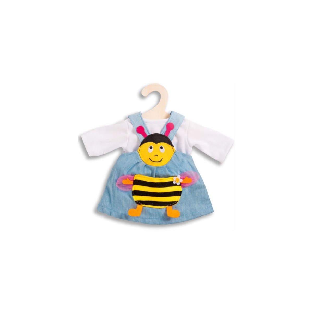 Blaues Trägerkleid mit Bienenmotiv und weißem Shirt auf kleinem Holzbügel ausgestellt.