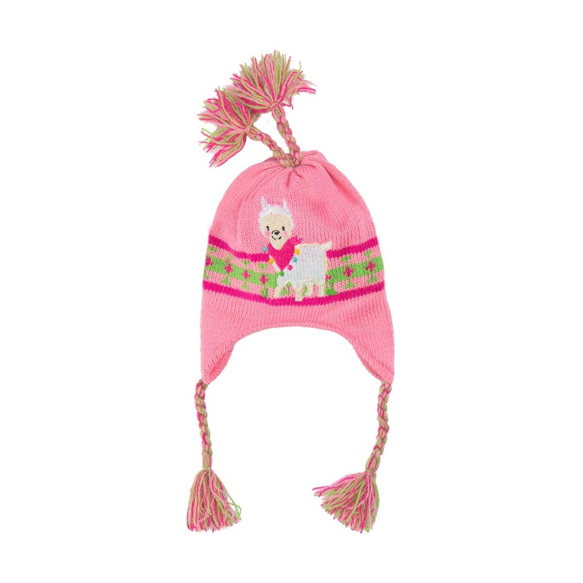 Rosa Strickmütze mit Lama-Motiv, Quasten und grün-lila Akzenten.