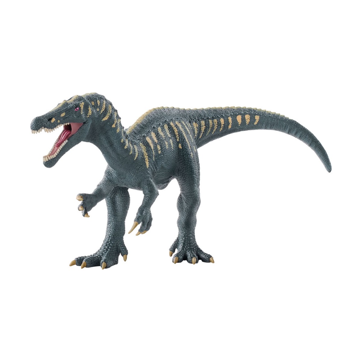 Spielzeugdinosaurier, dunkelgrau mit gelben Streifen, steht auf zwei Beinen und hat ein geöffnetes Maul.