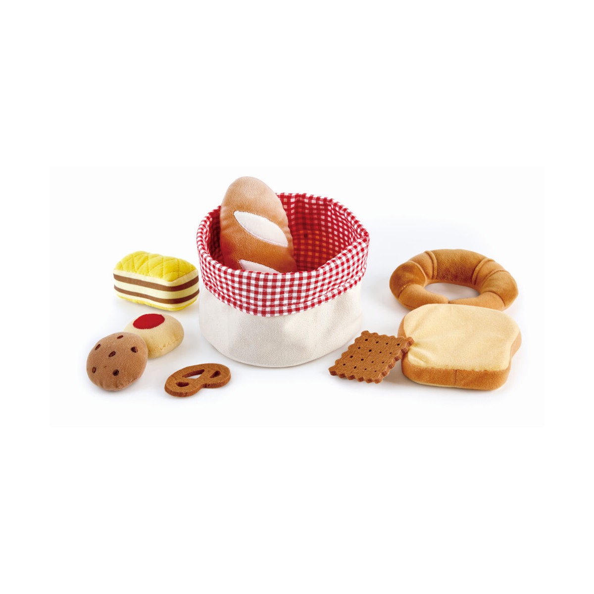 Plüsch-Brot, Kekse und Gebäck mit rotkariertem Korb auf weißem Hintergrund.