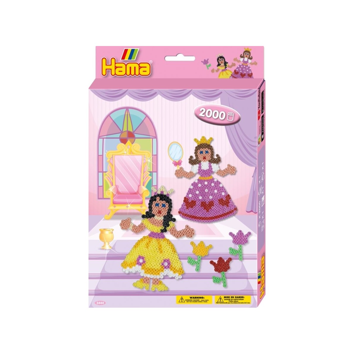 Hama-Perlen-Set mit zwei Prinzessinnen-Motiven und Zubehör vor rosa Schloss-Hintergrund.