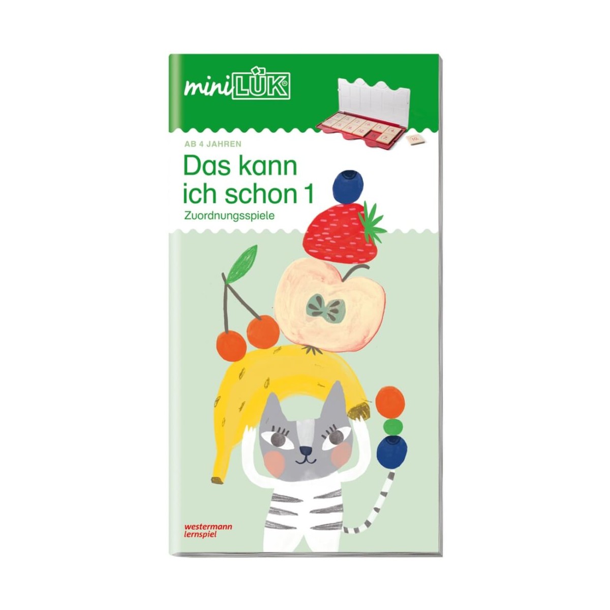 Kinderbeschäftigungsbuch: Cover mit Katze, die Obst hält; deutscher Text auf grünem Hintergrund.