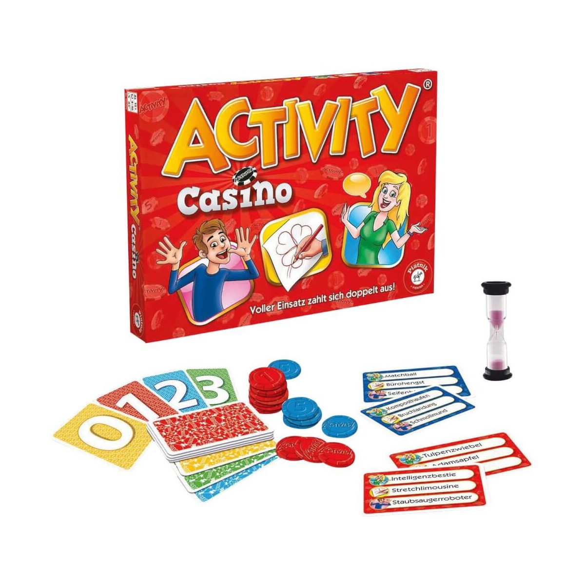 Aktivität Casino Brettspiel mit Karten, Chips, Sanduhr und Spielfiguren in der Box.