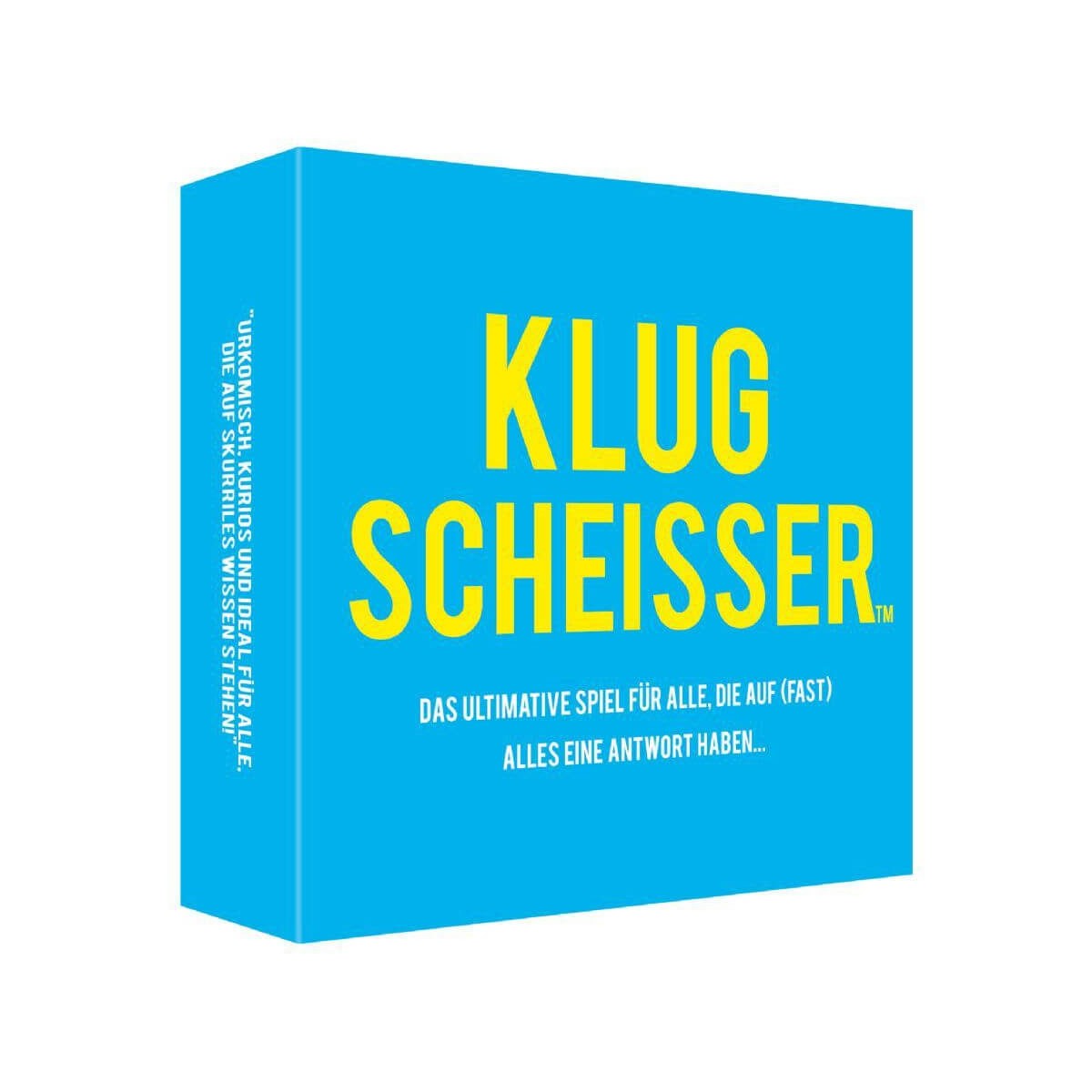 Blaue Spielebox mit gelber Aufschrift „Klugscheisser“ und deutschem weißen Untertitel darunter.