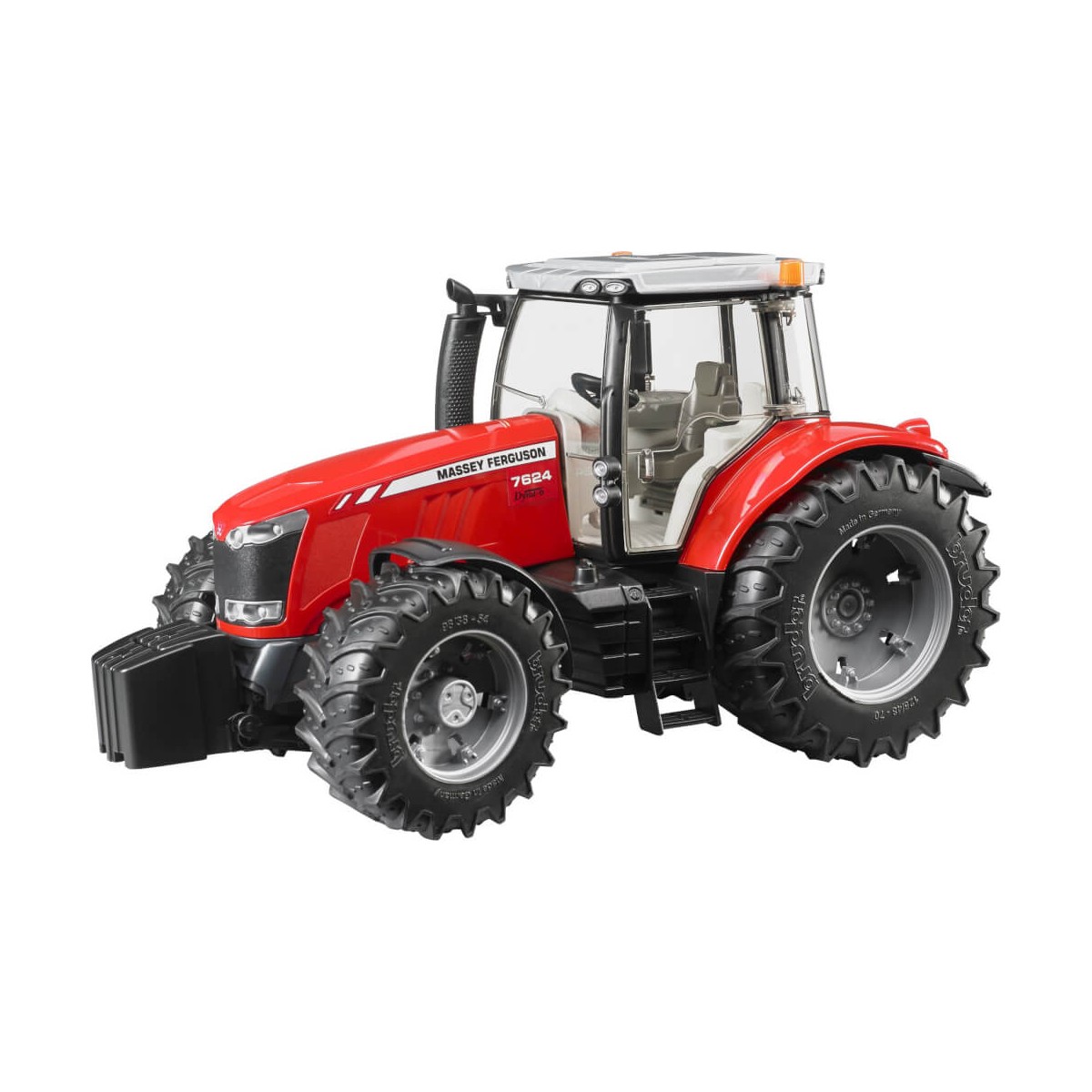 Roter Massey Ferguson 7624 mit großen schwarzen Reifen und grauer Kabine, seitlich betrachtet.