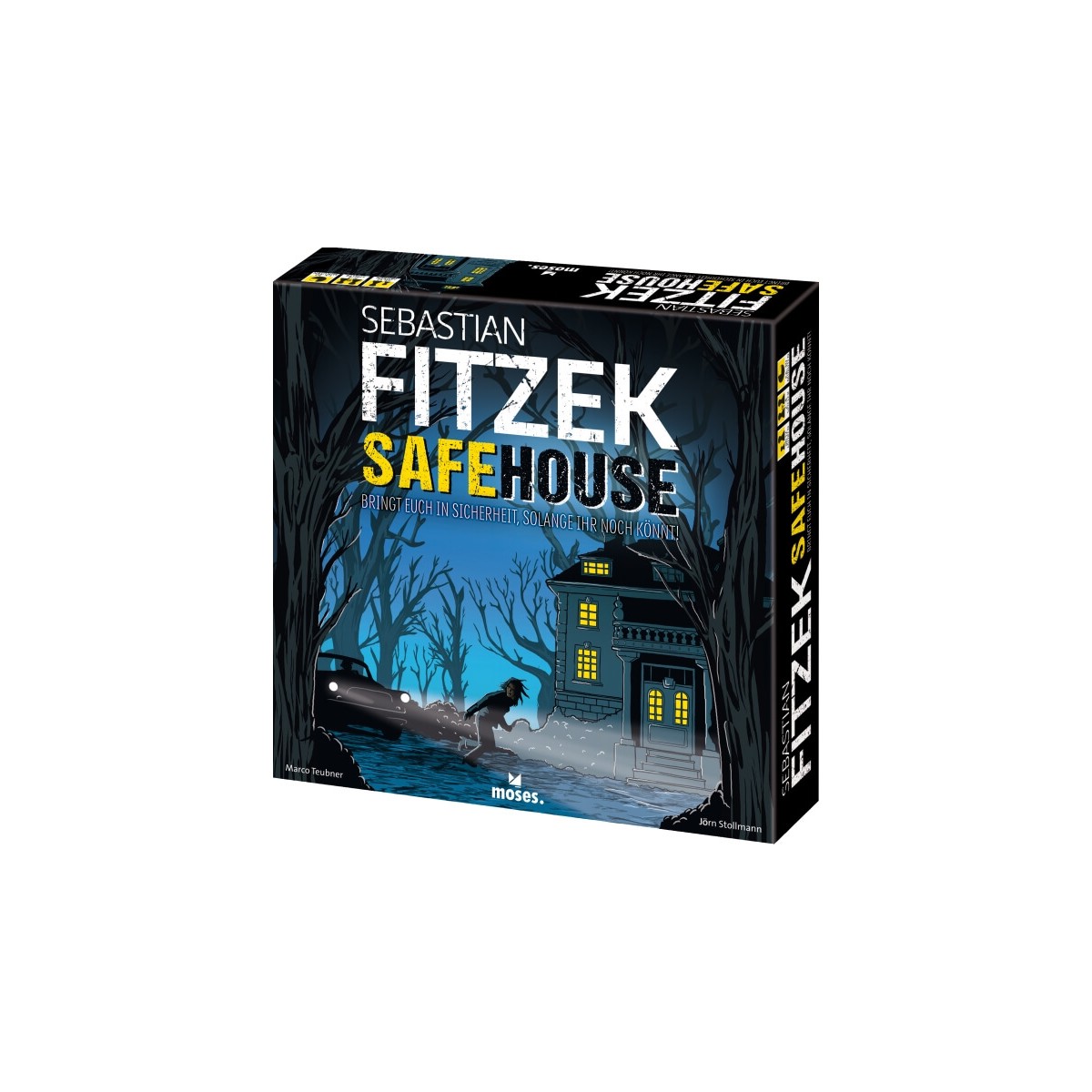 Spieleschachtel von Sebastian Fitzek Safehouse zeigt ein Haus am See und eine flüchtende Silhouette.